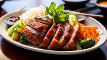 AI generated A plate of mouthwatering and tender roasted duck with a crispy skin photo