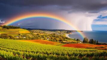 AI generated Rainbow over a coastal vineyard photo