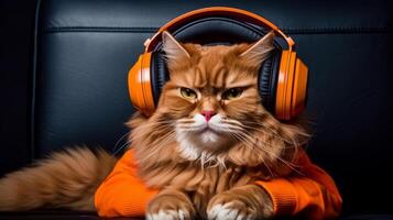 AI generated Quirky cat wearing oversized headphones, getting into the groove photo