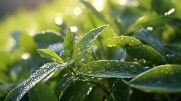 AI generated Leaves with dewdrops in the morning light photo