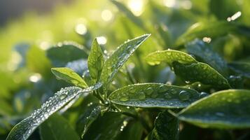 AI generated Leaves with dewdrops in the morning light photo