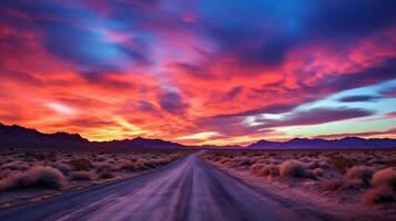 AI generated A desert road with a colorful, painted sky at dusk photo