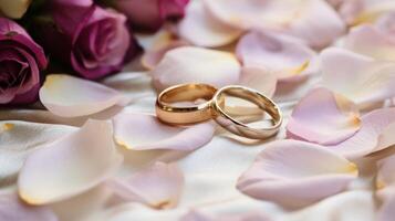 AI generated Wedding rings on a bed of flower petals photo