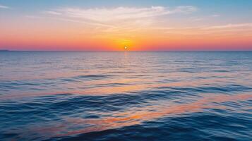 ai generado tranquilo Oceano puesta de sol con el último ligero de día reflejando en el agua foto