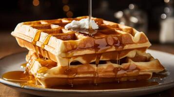 AI generated A stack of fluffy waffles with a drizzle of sweet syrup photo