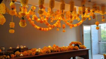 AI generated Diwali decorations with marigold garlands photo