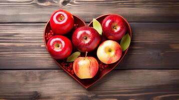 AI generated A closeup of apples and honey arranged in a heart shape photo