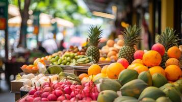 AI generated A bustling asian market with exotic fruits photo