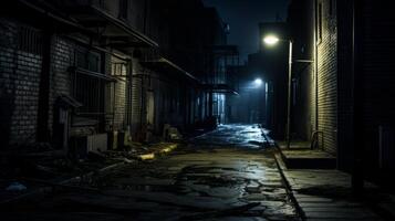 ai generado oscuro callejón con parpadeando luces de la calle y ominoso oscuridad foto