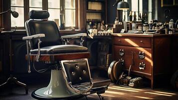 AI generated Barber's chair and vintage tools photo