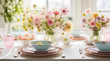 AI generated A springtime table setting with fresh flowers and pastels photo