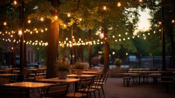 ai generado el calentar resplandor de café luces a crepúsculo foto