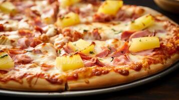 AI generated Closeup of pineapple and ham hawaiian pizza photo