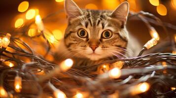AI generated Feline tangled in string lights photo