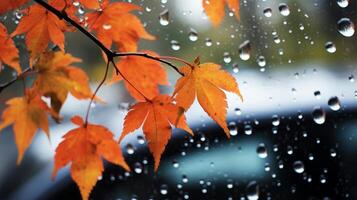 AI generated Leaves with raindrops on a car window photo