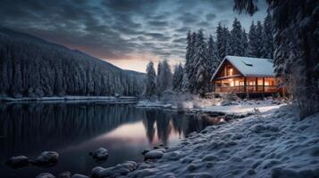 AI generated A cozy cabin by a frozen lake photo