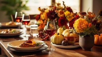 AI generated Thanksgiving table with autumnal decor photo