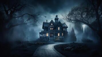 AI generated Hauntingly beautiful mansion with eerie lighting and fog photo
