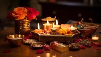 ai generado diwali puja con ofrendas y incienso foto