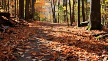 AI generated Fallen leaves along a forest trail photo