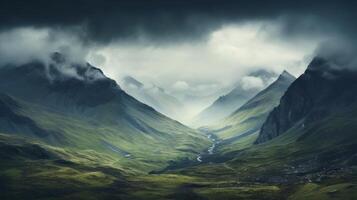 AI generated Moody mountain landscape with dramatic sky photo