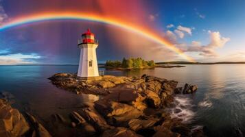 AI generated Rainbow above a coastal lighthouse photo