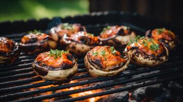 ai generado A la parrilla seta tapas con Derretido queso, un sabroso barbacoa opción foto