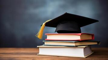 ai generado un graduación gorra encima un apilar de libros, representando logro foto