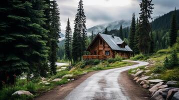 AI generated A road leading to a cozy cabin in the mountains photo