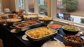 AI generated A multicultural potluck gathering showcasing homemade dishes photo