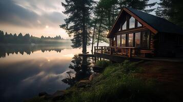 AI generated Tranquil lakeside morning background photo