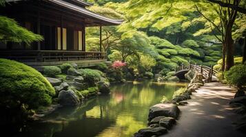 AI generated A zen temple surrounded by lush and peaceful nature photo