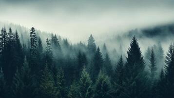 ai generado un denso niebla laminación terminado un tranquilo bosque foto