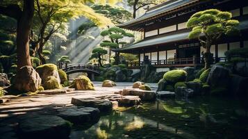 AI generated A zen temple nestled in a serene and serene environment photo