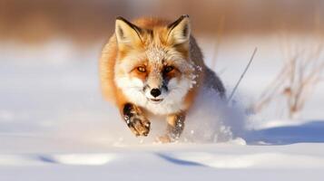 ai generado ágil rojo zorro rápido mediante el nieve foto