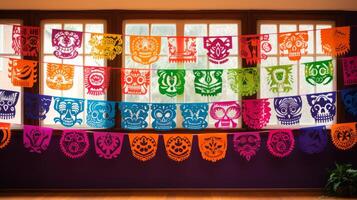 ai generado día de el muerto papel picado pancartas creando un festivo fondo foto