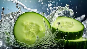 AI generated A cucumber slice making a refreshing splash in a cucumber salad photo