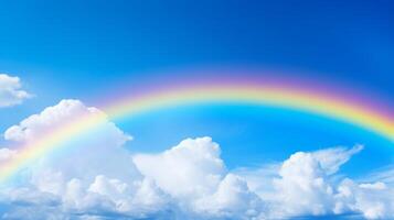 ai generado un vibrante, sonriente arco iris en contra un azul cielo foto