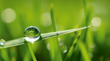 AI generated Hyper zoom macro of a droplet on a blade of grass photo