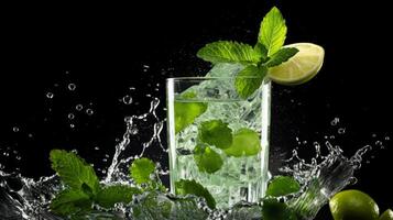 AI generated A mint leaf falling into a glass of mojito photo