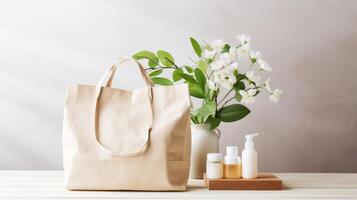 AI generated A shopping bag brimming with ecofriendly and cruelty free beauty products photo