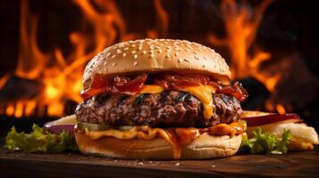 AI generated Bbq burger sizzling on the grill, a celebration of flame kissed indulgence photo