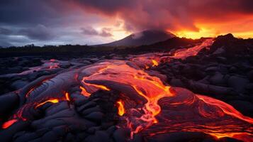 ai generado el ardiente lava fluido desde un volcán foto