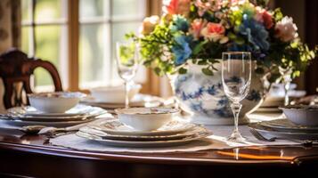 ai generado un elegante comida mesa conjunto con multa China y elegante cristalería foto