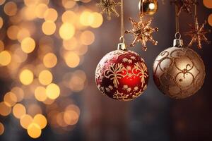 AI generated Festive ornaments hanging against a bokeh background photo