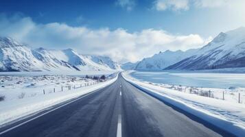 ai generado un la carretera mediante un Nevado alpino paisaje foto