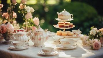 ai generado un Clásico té fiesta mesa con delicado tazas de té y pasteles foto