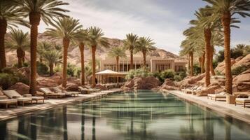 ai generado un Desierto oasis con palma arboles y un cristal claro piscina foto