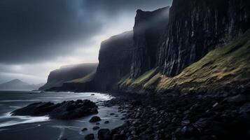 AI generated Dramatic and moody coastal cliffs at dusk photo