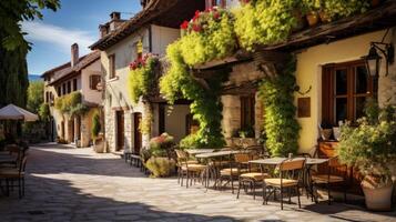 ai generado pensión en un antiguo mundo pueblo con encantador arquitectura y cafeterías foto